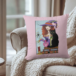 Cute Witch Black Cat Pink Potions Books Throw Pillow