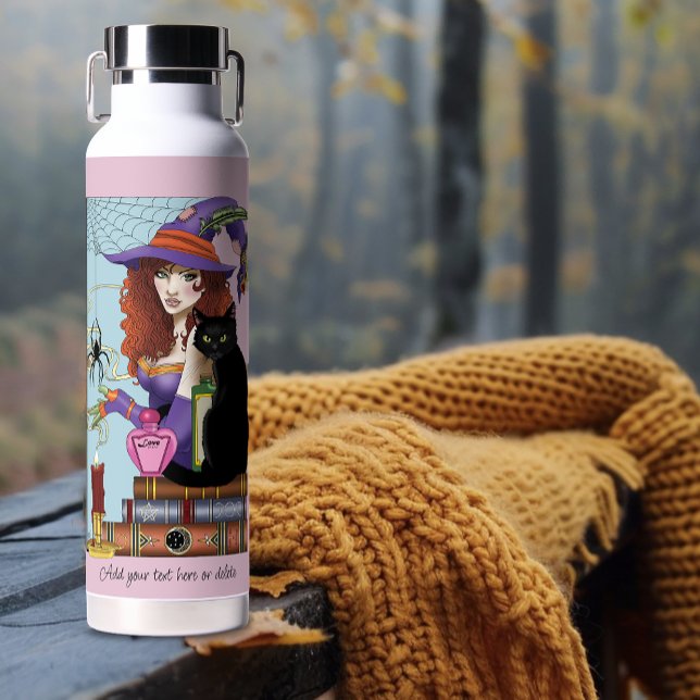 Cute Witch Black Cat Pink Potions Books Water Bottle (Creator Uploaded)