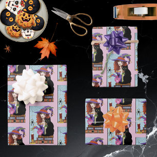 Cute Witch Black Cat Pink Potions Books Wrapping Paper Sheets