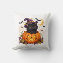 Cute Witch Black Cat Pumpkin Halloween Pillow