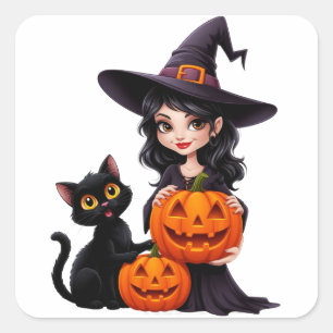 Cute Witch Black Cat Pumpkin Halloween 🧙♀️ Square Sticker