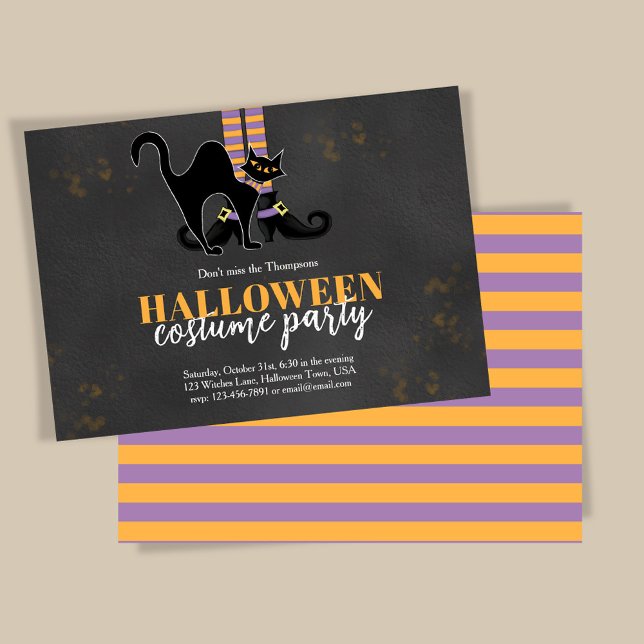 Cute Witch Black Cat Whimsical Halloween Party Invitation (Halloween costume party whimsical invitations.)