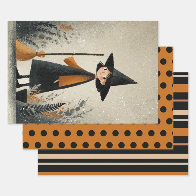 Cute Witch Burnt Orange& Black Halloween Wrapping Paper Sheets (Set)