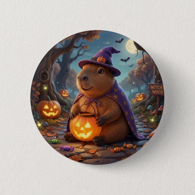 Cute Witch Capybara Halloween Woods Button Pin (Front)