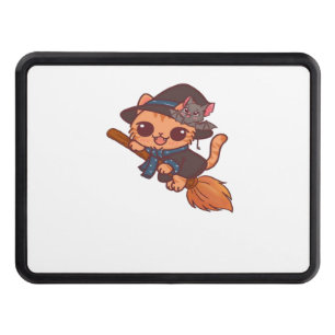 Cute Witch Cat and Bat on Broom – Kawaii Halloween Hitch Cover