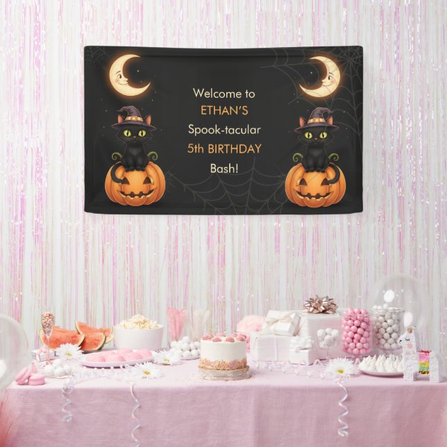 Cute Witch Cat and Pumpkin Birthday Banner (Party)