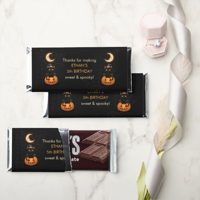Cute Witch Cat and Pumpkin Birthday Hershey Bar Favors (Front)