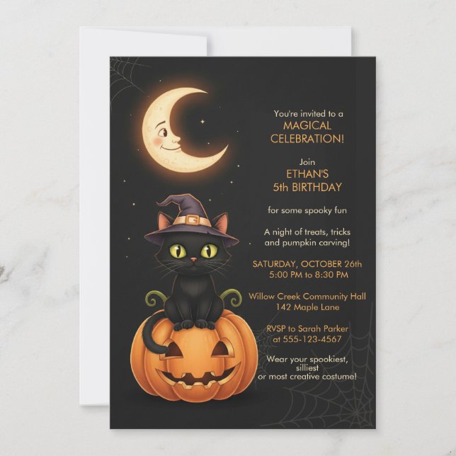 Cute Witch Cat and Pumpkin Birthday Invitation (Front)