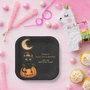 Cute Witch Cat and Pumpkin Birthday Paper Plates