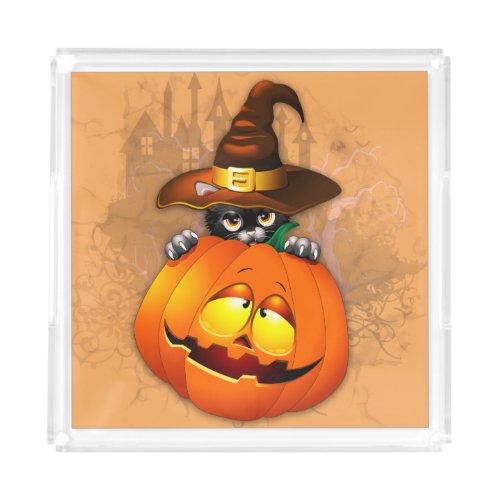 Cute Witch Cat and Pumpkin Halloween Friends Acrylic Tray