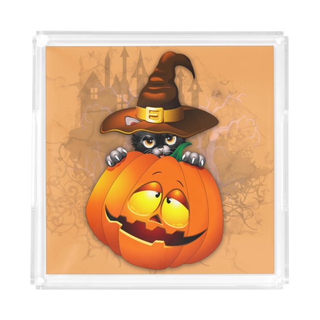 Cute Witch Cat and Pumpkin Halloween Friends Acrylic Tray (Front)