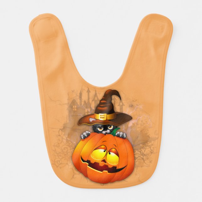 Cute Witch Cat and Pumpkin Halloween Friends Baby Bib (Front)