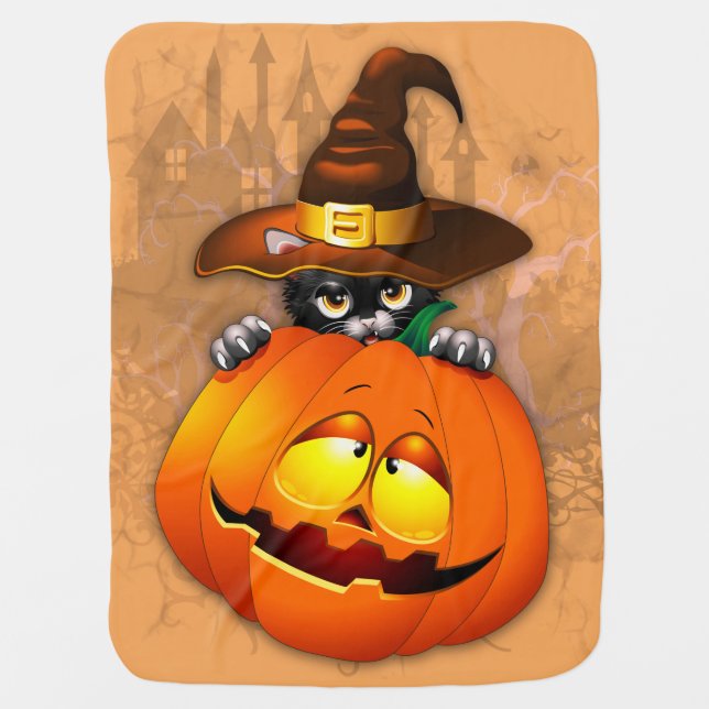 Cute Witch Cat and Pumpkin Halloween Friends Baby Blanket (Front)