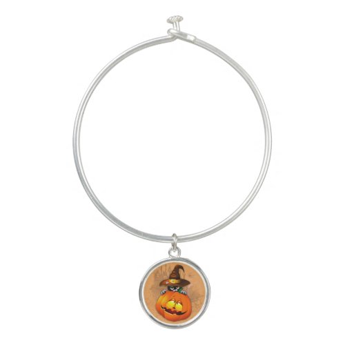 Cute Witch Cat and Pumpkin Halloween Friends Bangle Bracelet