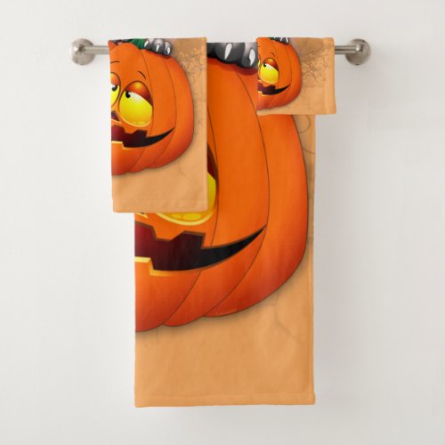 Cute Witch Cat and Pumpkin Halloween Friends Bath Towel Set