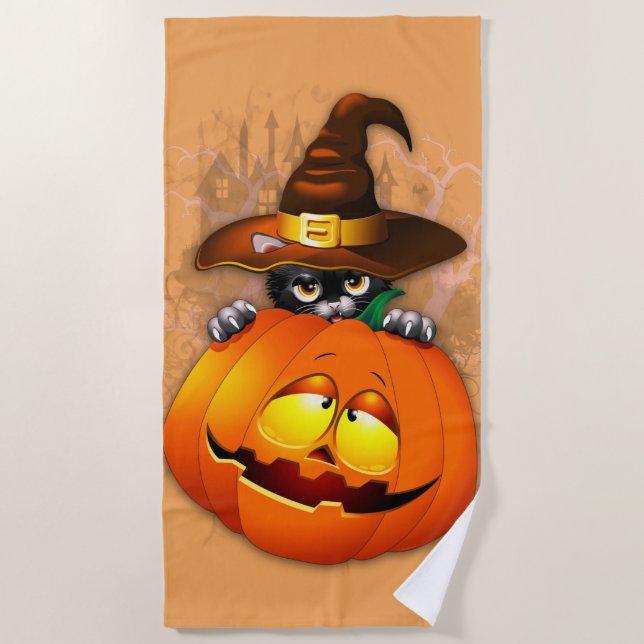 Cute Witch Cat and Pumpkin Halloween Friends Beach Towel (Front)