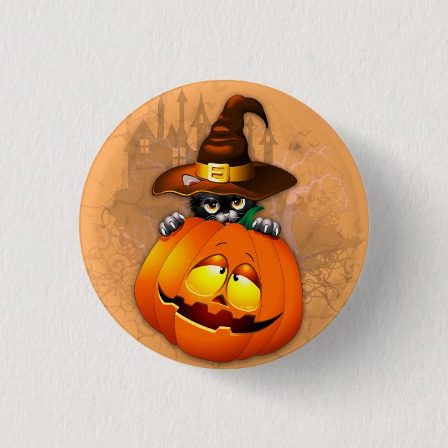 Cute Witch Cat and Pumpkin Halloween Friends Button (Front)