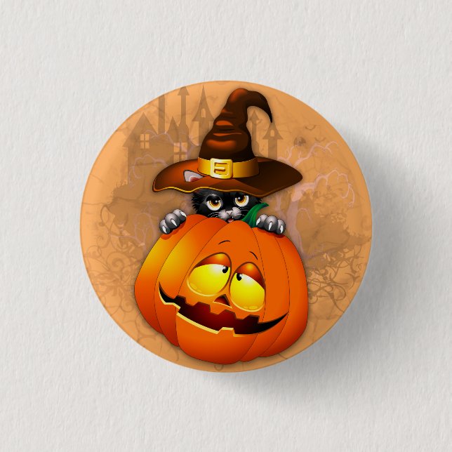 Cute Witch Cat and Pumpkin Halloween Friends Button (Front)