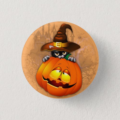 Cute Witch Cat and Pumpkin Halloween Friends Button