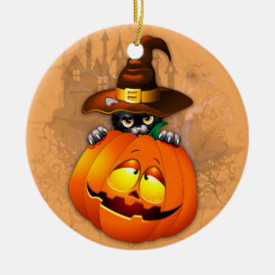 Cute Witch Cat and Pumpkin Halloween Friends Ceramic Ornament