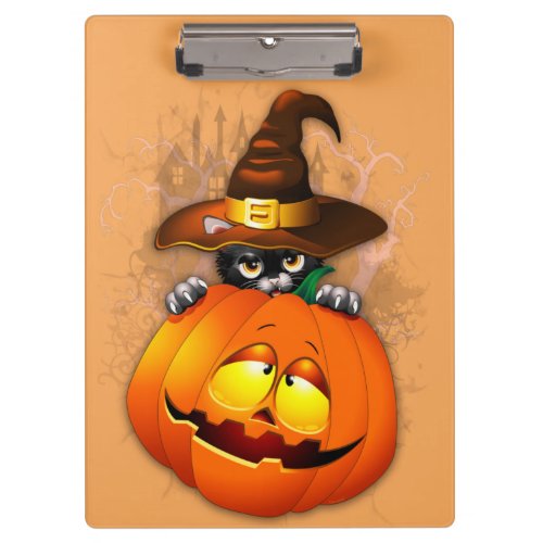 Cute Witch Cat and Pumpkin Halloween Friends Clipboard