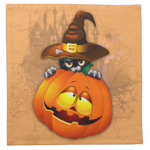 Cute Witch Cat and Pumpkin Halloween Friends Cloth Napkin