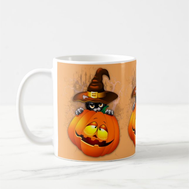 Cute Witch Cat and Pumpkin Halloween Friends Coffee Mug (Left)