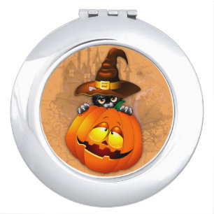 Cute Witch Cat and Pumpkin Halloween Friends Compact Mirror