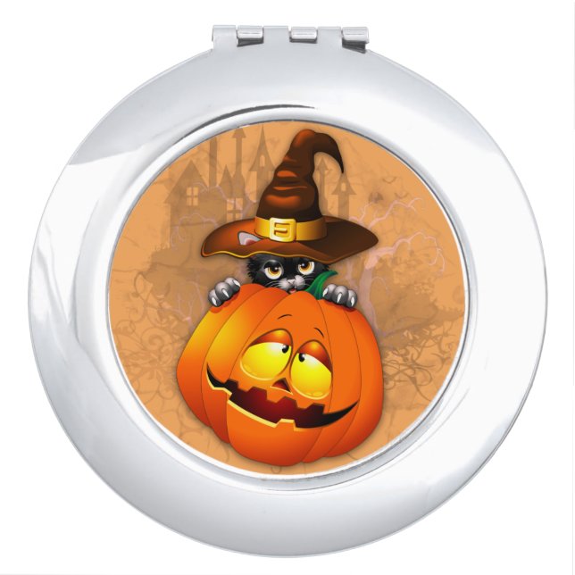 Cute Witch Cat and Pumpkin Halloween Friends Compact Mirror (Front)
