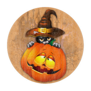 Cute Witch Cat and Pumpkin Halloween Friends Cutting Board