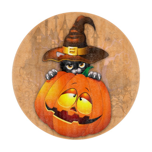 Cute Witch Cat and Pumpkin Halloween Friends Cutting Board (Front)