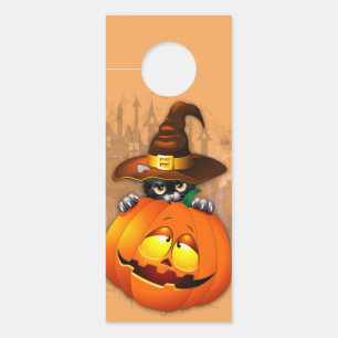 Cute Witch Cat and Pumpkin Halloween Friends Door Hanger