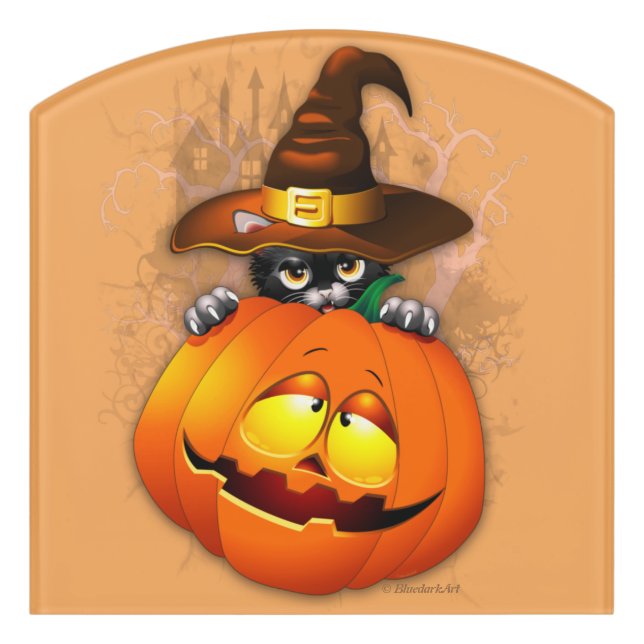 Cute Witch Cat and Pumpkin Halloween Friends Door Sign (Contour Front)