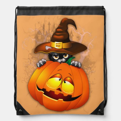 Cute Witch Cat and Pumpkin Halloween Friends Drawstring Bag