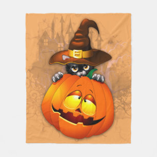 Cute Witch Cat and Pumpkin Halloween Friends Fleece Blanket