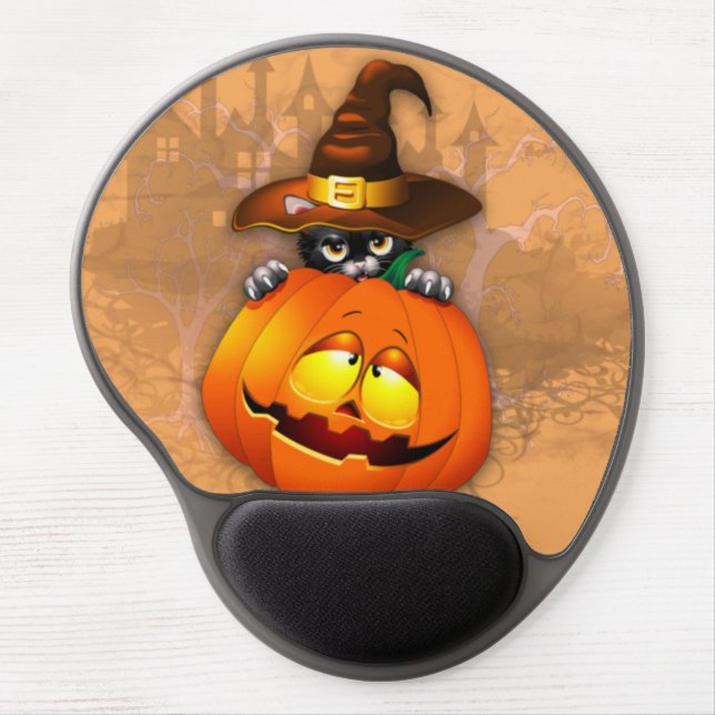 Cute Witch Cat and Pumpkin Halloween Friends Gel Mouse Pad (Front)