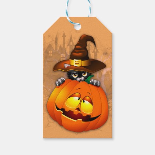 Cute Witch Cat and Pumpkin Halloween Friends Gift Tags
