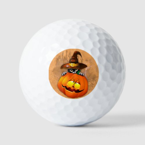 Cute Witch Cat and Pumpkin Halloween Friends Golf Balls