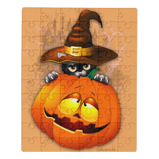 Cute Witch Cat and Pumpkin Halloween Friends Jigsaw Puzzle (Puzzle Vertical)