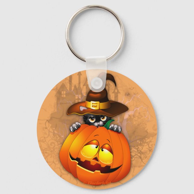 Cute Witch Cat and Pumpkin Halloween Friends Keychain (Front)