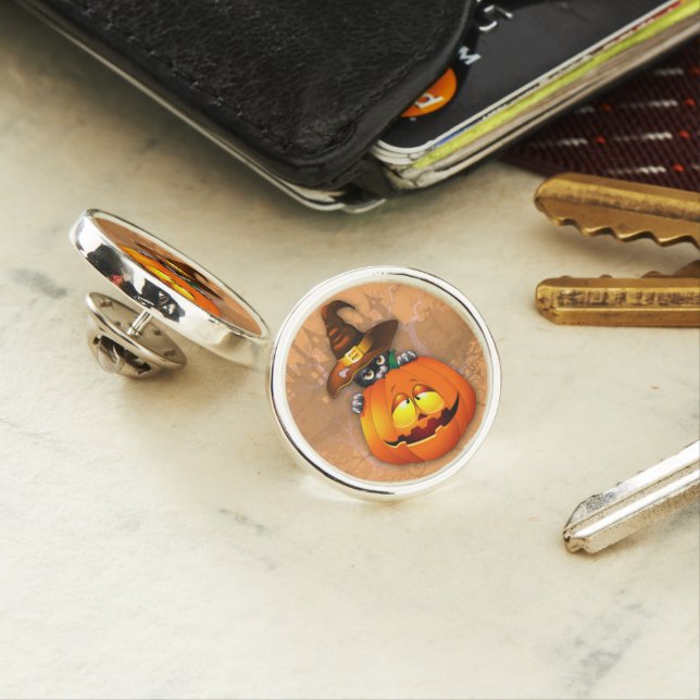 Cute Witch Cat and Pumpkin Halloween Friends Lapel Pin (In Situ)
