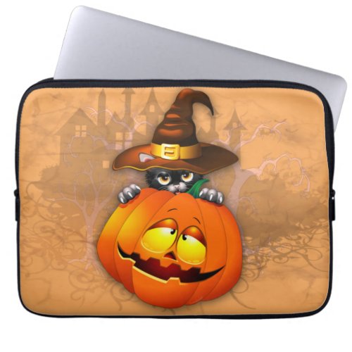 Cute Witch Cat and Pumpkin Halloween Friends Laptop Sleeve