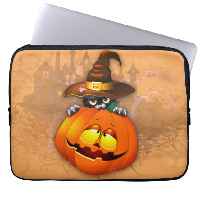 Cute Witch Cat and Pumpkin Halloween Friends Laptop Sleeve (Front)