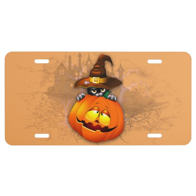 Cute Witch Cat and Pumpkin Halloween Friends License Plate (Front)