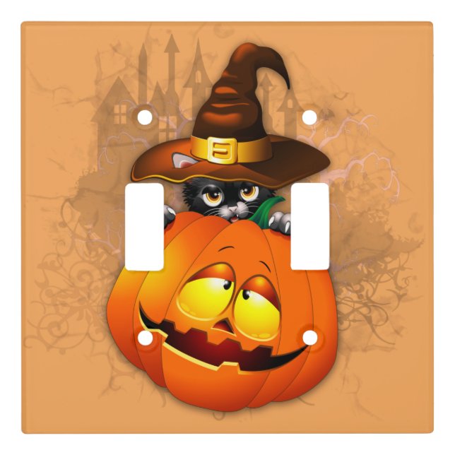 Cute Witch Cat and Pumpkin Halloween Friends Light Switch Cover (Front)