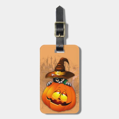 Cute Witch Cat and Pumpkin Halloween Friends Luggage Tag