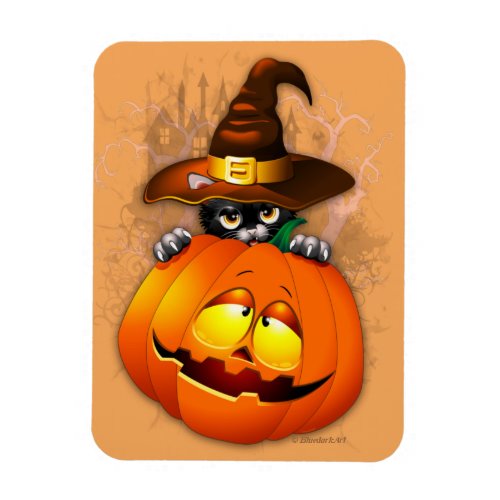 Cute Witch Cat and Pumpkin Halloween Friends Magnet