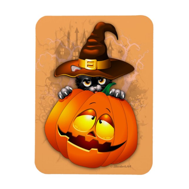 Cute Witch Cat and Pumpkin Halloween Friends Magnet (Vertical)