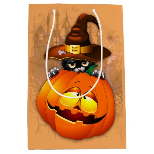 Cute Witch Cat and Pumpkin Halloween Friends Medium Gift Bag