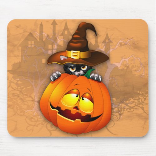 Cute Witch Cat and Pumpkin Halloween Friends Mouse Pad